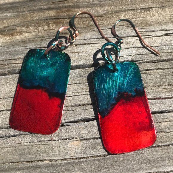 Conceptual Subculture Jewelry - Abstract Brutalist Rustic Solid Pure Copper Earrings Red Handmade Geometric Blue